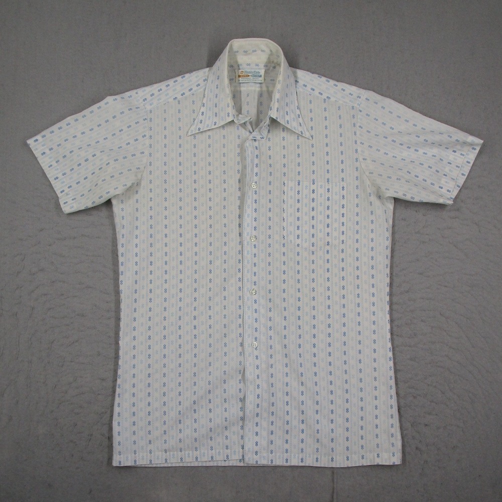 Vintage Manhattan Dura Brite Mens Short Sleeve Button Down Shirt Blue White 70s